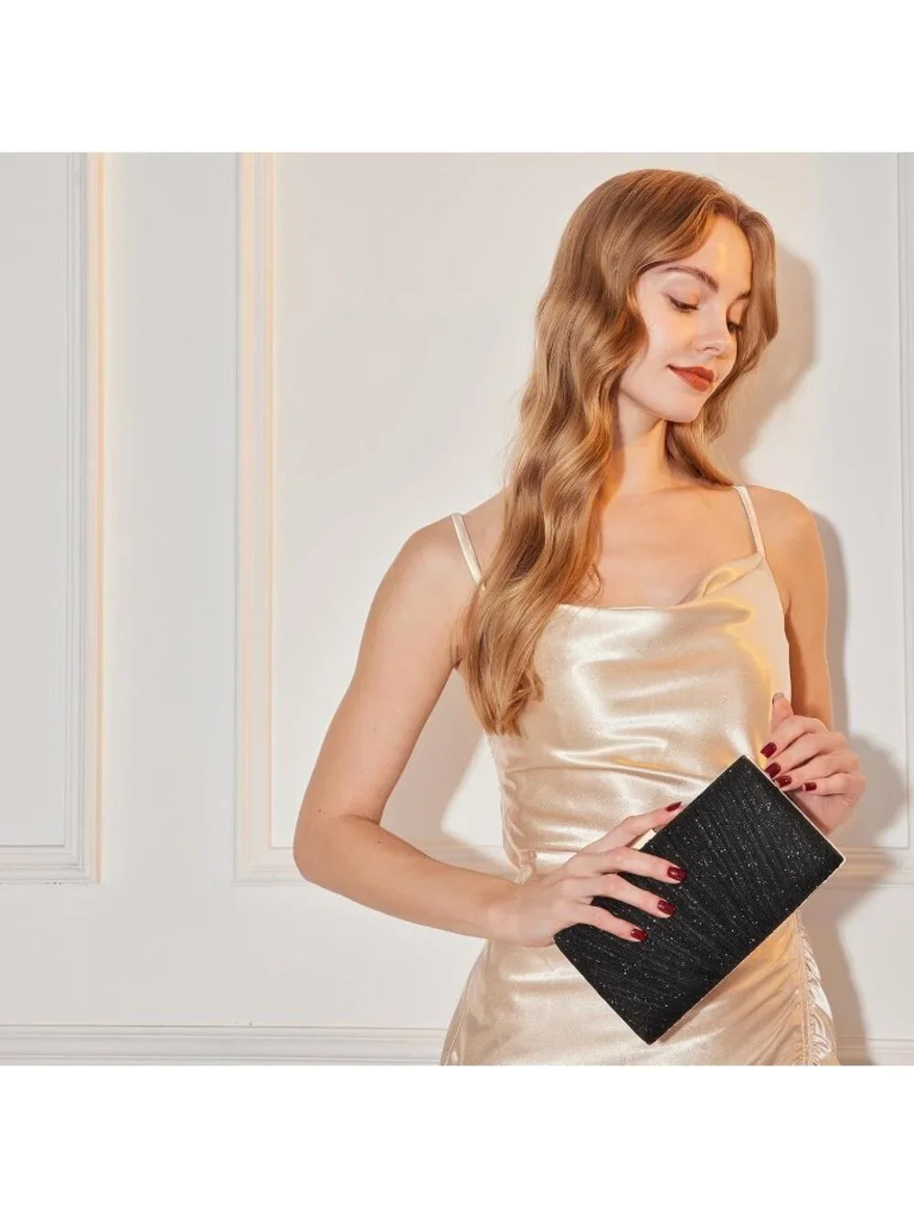 Women's Black Pleated Evening Handbag with Chain Prom Classic Clutch Purses